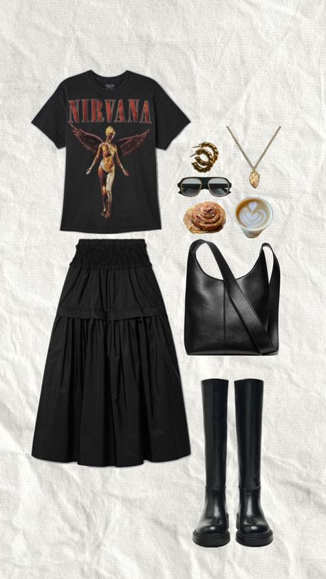 Midi Skirt Spring Outfit, Midi Skirt Spring, Black Graphic Tee, Black Graphic Tees, Spring Outfit, Graphic Tee, Midi Skirt, Graphic Tees, Skirt