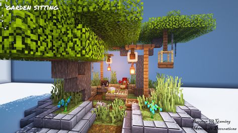 Minecraft Rooftop Garden, Minecraft Rooftop Ideas, Minecraft Pergola, Minecraft Sitting Area, House Plans Minecraft, Sitting Area Outside, Minecraft Outdoor, Garden Minecraft, Farm Minecraft