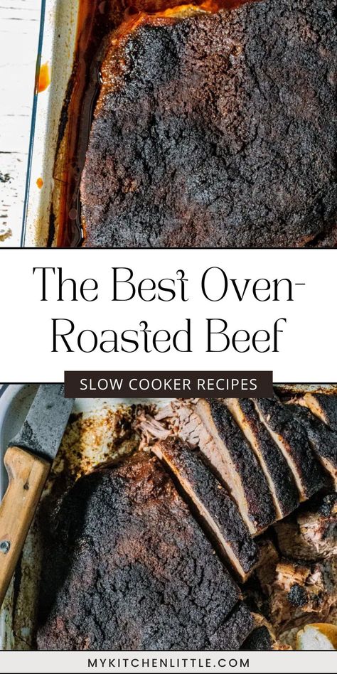 Learn how to create the best Texas-style oven-roasted beef brisket with this easy and slow-cooked recipe. This tender brisket is seasoned with a bold BBQ spice rub and served with a tangy BBQ sauce. Perfect for a hearty homemade meal or special occasions, this recipe will become a family favorite. Save this pin to your 'Oven Roasted Brisket' board and visit the full article for step-by-step cooking instructions. How To Bake Beef Brisket, How To Oven Bake A Brisket, Smoked Brisket In The Oven, Moist Brisket Recipes Oven, Beef Brisket Recipes Oven Crock Pot, Oven Roasted Brisket The Pioneer Woman, Best Oven Brisket Recipe, How To Cook A Brisket In A Roaster, Cooking A Brisket In The Oven