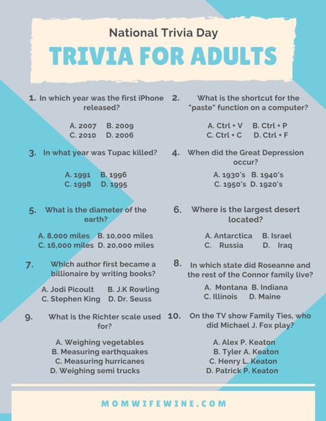 Fun Trivia for Kids and Adults - Free Printables - Mom, Wife, Wine Trivia Games For Adults Parties, Trivia For Couples, Trivia Questions And Answers 2023, Funny Trivia Questions And Answers For Adults, Trivial Pursuit Questions And Answers, Free Printable Trivia Games, Free Trivia Printables, Trivia Games For Groups, Adult Trivia Questions And Answers