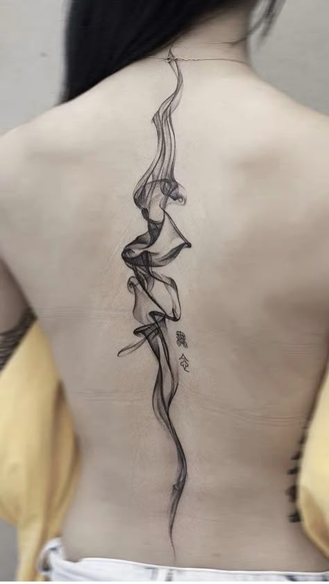 Earth Back Tattoo, Smokey Abstract Tattoo, Tattoo For Back Women, Smokey Dragon Tattoo, Back Tattoos Women Spine, Smokey Drawing, Back Women Tattoo, Abstract Tattoo Back, Tattoo On Back For Women