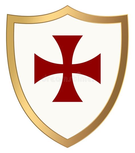 Knight Shield with gold frame and red cross pattee on white isolated background. Vector Illustration of a simple Wappon shield stock illustration Knight Symbol, Knight Crest, Shield Knight, Scottish Tattoos, Knights Hospitaller, Knight Shield, Red Knight, Red Frame, Red Cross