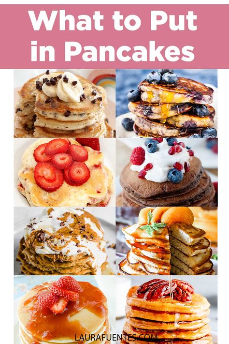 8 pictures of different pancakes with different types of add ins Pancake Upgrades, Pancake Add In Ideas, Different Types Of Pancakes, Pancake Add Ins, Different Pancake Ideas, Pancake Variations, Breakfast Recipes Pancakes, Plain Pancakes, Types Of Pancakes