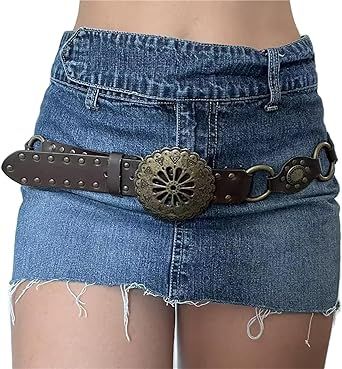 Alyweatry Women Boho Wide Disc Concho Leather Belt Aesthetic Grunge Western Waist Belt Y2k Vintage Accessories Brown Belt Aesthetic, Belts Aesthetic, Hip Hop Fashion 90s, Cottage Vintage, Ring Der O, Trendy Summer Outfits, Belt Style, Aesthetic Look, Vintage Heart