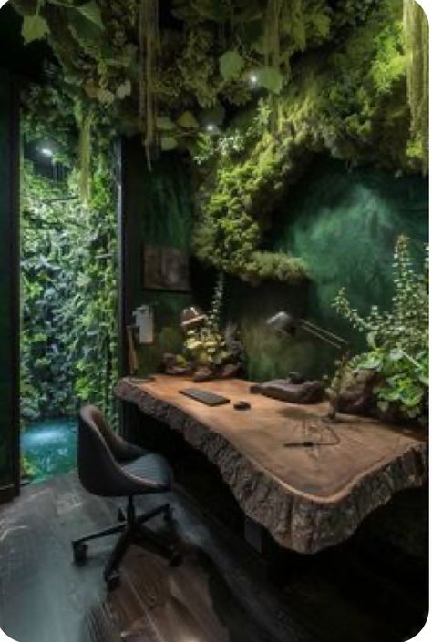 Forest Feature Wall, Room Decor With Green Walls, Nature Themed Decorations, Woodland Office Decor, Cottage Theme Living Room, Nature Office Ideas, Nature Inspired Home Office, Forest Theme Kitchen, Forest Office Decor