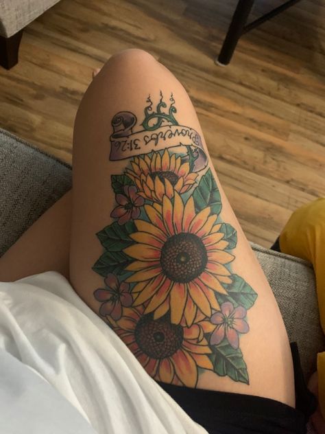 Sunflower Knee Tattoos Women, Sunflower And Paw Print Tattoo, Sunflower Quote Tattoo, Sunflower Tattoo Black Women, Thigh Tattoos Women Sunflower, Sunflower Leg Tattoos Women, Sunflower Thigh Tattoos Women, Tattoos With Sunflowers, Sunflower Leg Tattoo