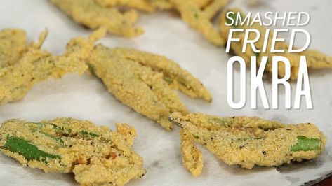 Smashed Fried Okra Recipe Okra Dishes, Fried Okra Recipe, Southern Fried Okra, How To Cook Okra, Okra Recipe, Southern Side Dishes, Fried Okra, Okra Recipes, Snack Bites