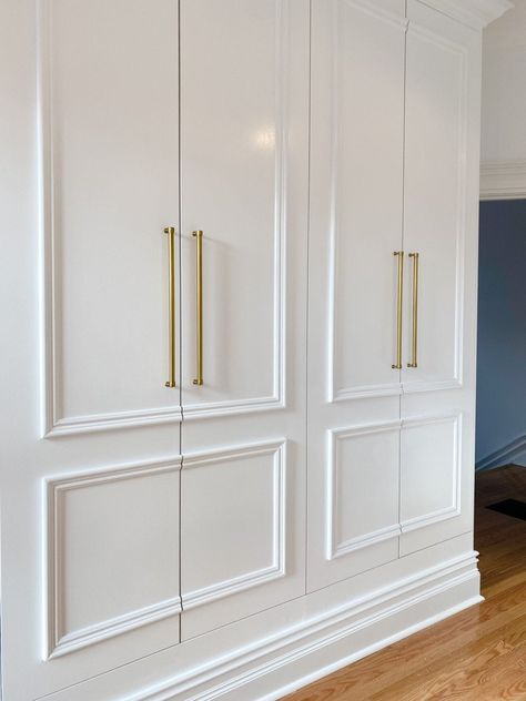 PAX closet hacked beautifully to match Victorian home - IKEA Hackers Ikea Pax 29 Inch Door, Ikea Pax Double Hanging, 9 Ft Closet Doors, Built In Corner Closet Ideas, Build A Closet Custom, How To Add A Closet To A Room, Cabinet Wall In Bedroom, Doors For Pax Wardrobe, Wall Of Closets Built Ins Bedroom