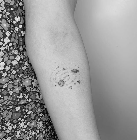 Galaxy Rib Tattoo, Dainty Galaxy Tattoo, Libra Planet Tattoo, Tiny Universe Tattoo, Cosmic Tattoo Ideas Small, Galaxy Small Tattoo, Cosmo Tattoo Universe, In Another Universe Tattoo, Galaxy Fine Line Tattoo