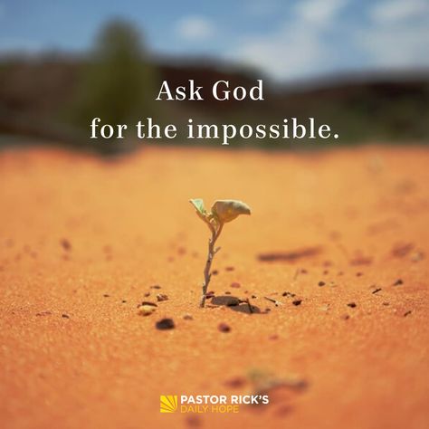 When you’re put in an impossible situation, your talent, logic, and education won’t solve your problem. Only God can. That’s why you pray and ask God for his supernatural help. God told Jeremiah, who lived … Continue reading Ask God for the Impossible Pastor Rick Warren, Scripture For Today, Ask God, God Can, Answered Prayers, Jesus Is Life, The Impossible, Bible Prayers, Prayer Quotes