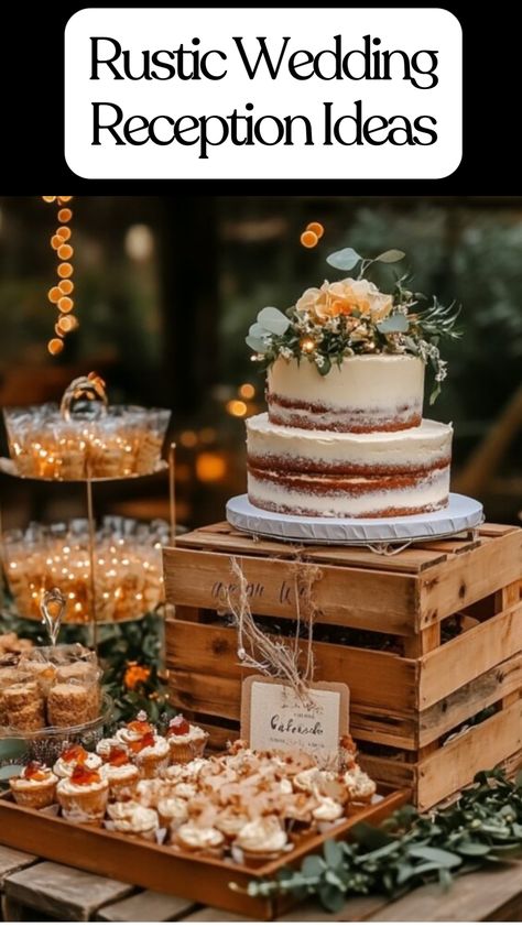 Rustic wedding dessert table with wooden crates, pies, cupcakes, and wildflower decorations. Punch And Cake Wedding Reception, Non Wedding Cake Ideas Dessert Tables, Fall Wedding Cupcakes Rustic, Fall Wedding Dessert Table Ideas, Dessert Bar Wedding Rustic, Wildflower Wedding Theme Receptions, Outdoor Wedding Ideas On A Budget, Fall Wedding Ideas On A Budget, Fall Themed Wedding Reception