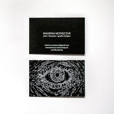 My current business card. I like the symbol of eye and it's common element of my works (and few of my tattoos). Besides sight is the most important sense for a visual artist.85x55 mm / 700 g/m² black cardboard / UV print Visual Artist Business Cards, Artist Card Design, Edgy Business Cards, Artist Business Card Design Creative, Business Card Design Artist, Artists Business Cards, Tattoo Visiting Card Design, Goth Business Card, Artist Cards Business