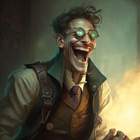 Frankenstein's Monster Concept Art, Mad Scientist Fantasy Art, Dnd Scientist Character, Dnd Frankenstein, Scientist Fantasy Art, Dnd Crazy Character, Dnd Scientist, Crazy Scientist Character Design, Mad Doctor Character Design