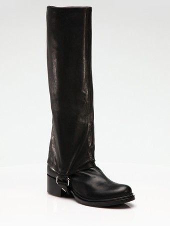 Buckled Knee-high Boots Long Black Buckle Boots, Tall Black Biker Boots, Edgy Knee-high Moto Boots With Buckle, Miu Miu Biker Boots, Leather High-top Biker Boots, Black Biker Boots, Biker Boots, Boots For Women, Heeled Loafers