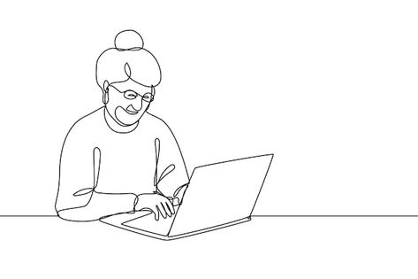 Woman Working On Laptop, Working On Laptop, Art Vector Illustration, Computer Drawing, Elderly Woman, Line Art Vector, Elderly People, Single Line, Old People