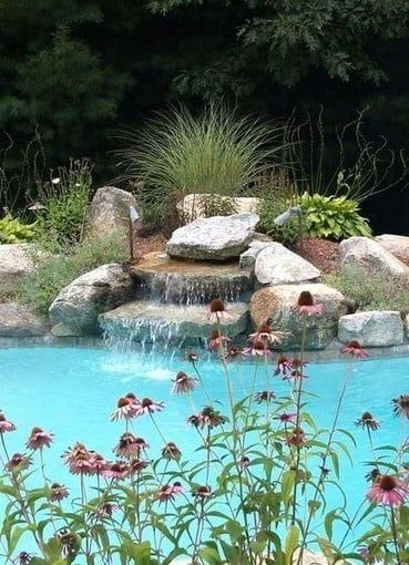 Pool Waterfall Landscaping, Backyard Waterfall Ideas, Simple Fountain, Stone Waterfall, Waterfall Landscaping, Waterfall Pool, Backyard Waterfall, Small Inground Pool, Waterfall Ideas