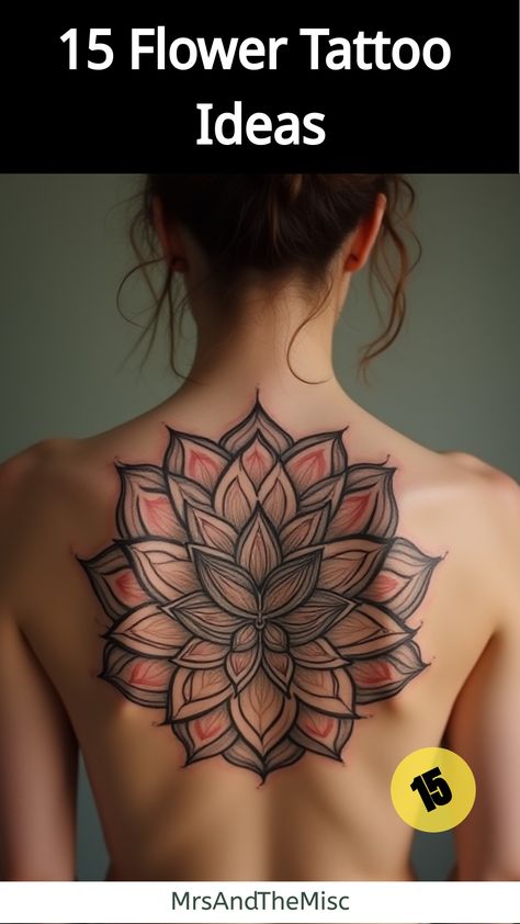 Flower Tattoo Ideas,Lotus mandala tattoo on upper back Flower Tattoos Lotus, Tattoos Lotus, Lotus Mandala Tattoo, Flower Of Life Tattoo, Flower Tattoo Ideas, Geometric Rose, Blooming Lotus, Fresh Tattoo, Lotus Mandala