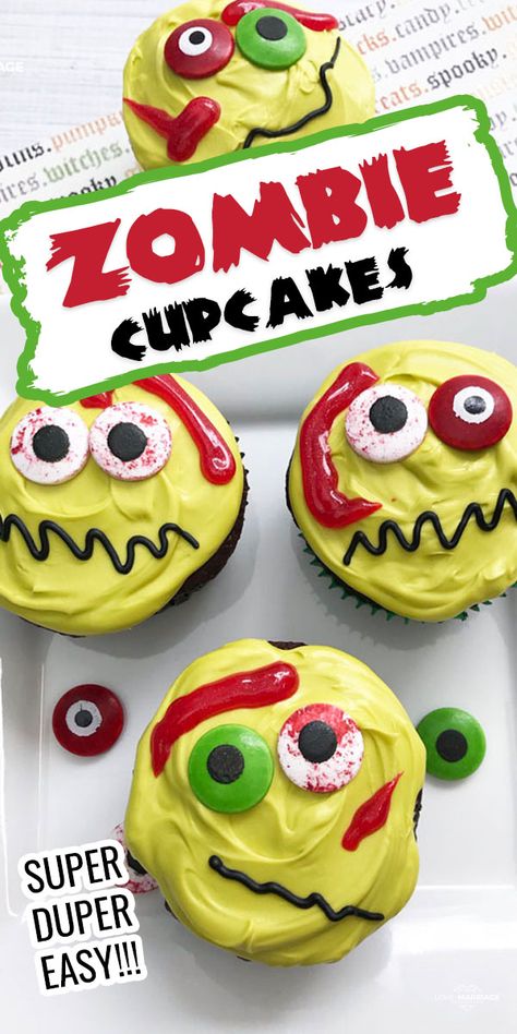 Zombie Cupcakes For Kids, Zombie Cakes For Kids, October Desserts, Zombie Cakes, Kids Dessert Table, Easy Halloween Cupcakes, Zombie Birthday Cakes, Horror Food, Halloween Apps