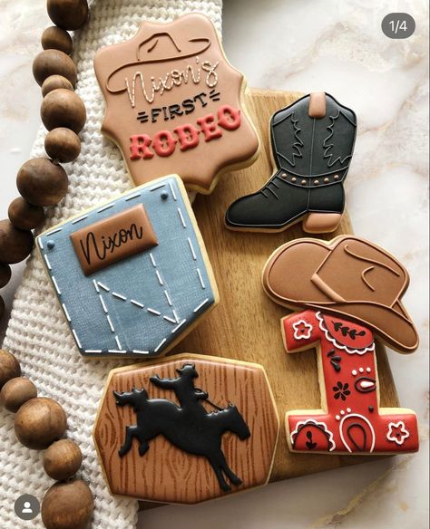 Cowboy First Birthday, Cowboy Themed Birthday Party, Baby First Birthday Themes, Rodeo Birthday Parties, Western Birthday Party, Rodeo Party, Boys First Birthday Party Ideas, Cowboy Cookies, Cowboy Birthday Party