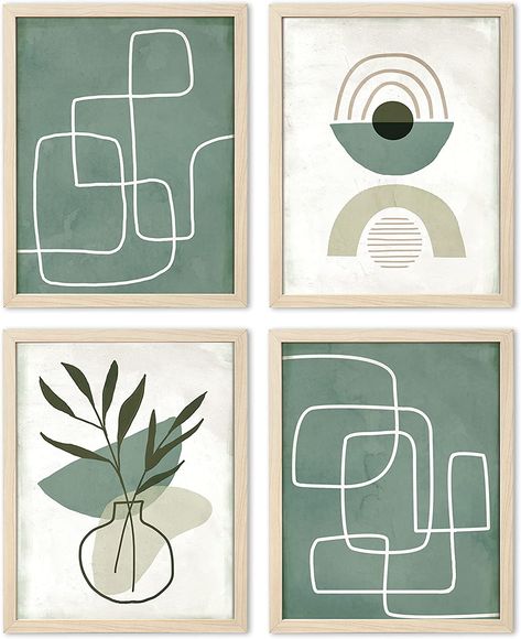 Artwork On Green Wall, Boho Painting Set Of 4, Simple Boho Wall Art, Diy Green Painting Canvas, Simple Artwork For Living Room, Boho Minimalist Art Painting, Mint Green Artwork, Simple Home Decor Paintings, Bedroom Abstract Wall Art