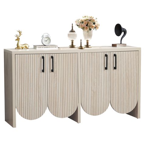 PRICES MAY VARY. Scandinavian Elegance: Embrace the minimalist yet sophisticated Scandinavian style with this fluted door sideboard. The shield-shaped doors with vertical engraved lines bring a touch of elegance and solemnity to any space, seamlessly blending with modern decor. Generous Storage Capacity: With dimensions of 15.75"D x 57.87"W x 31.5"H, and the interior features adjustable partitions, this sideboard offers ample storage space. The large capacity is perfect for everyday storage need Closed Storage Living Room, Accent Cabinet In Kitchen, Arc Door Design, Anthropologie Home Decor Inspiration, Dining Buffet Cabinet, Arc Door, Fluted Door, Entry Storage, Cabinet For Living Room