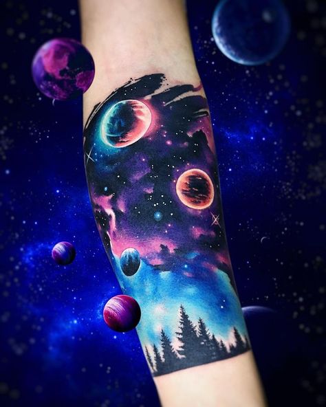 Something similar to this with the space design sky and a dark mark from HP on forearm? Space Tattoo Ideas, Galaxy Tattoo Sleeve, Space Tattoo Sleeve, Universe Tattoo, Planet Tattoos, Galaxy Tattoo, Geniale Tattoos, Full Sleeve Tattoos, Space Tattoo