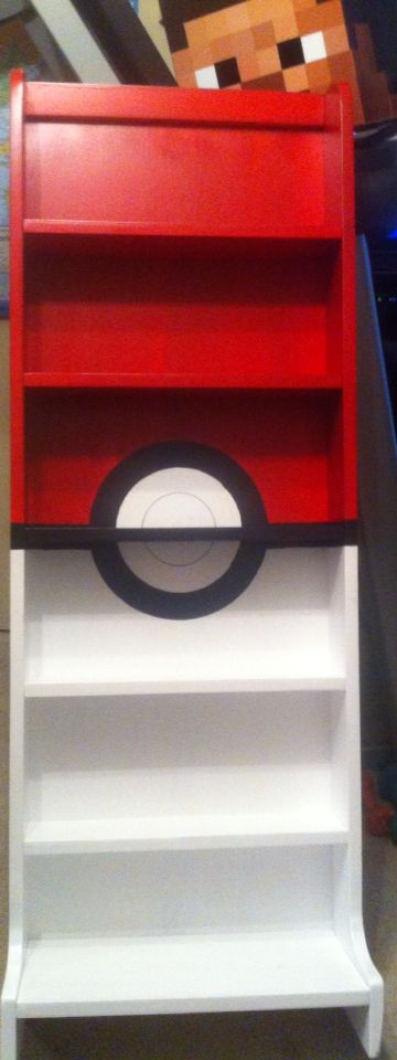 Pokemon shelf I painted Diy Pokemon Shelf, Pokemon Furniture Diy, Pokemon Dresser Diy, Pokémon Shelf, Pokemon Bookshelf, Pokemon Shelves, Pokemon Bedroom Ideas Diy, Pokemon Bedroom Kid Rooms, Pokemon Bedrooms