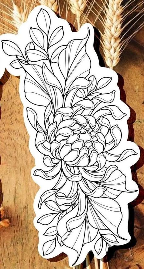 Japanese Chrysanthemum Tattoo Sleeve, Blackwork Chrysanthemum Tattoo, Line Art Floral Tattoo, Botanical Tattoo Design Drawings, Big Flower Tattoos Cover Up, Neo Traditional Patchwork Sleeve, Neo Traditional Chrysanthemum, Peony Tattoo Stencil, Chrysanthemum Outline