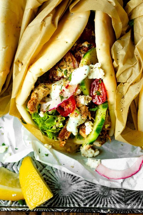 Homemade Chicken Gyros w/ Tzatziki Sauce - Oh Sweet Basil Sandwich Night, Gyro Pita, Gyro Recipe, Tzatziki Recipes, Oh Sweet Basil, Homemade Tzatziki, Chicken Gyros, Tzatziki Sauce, Sweet Basil