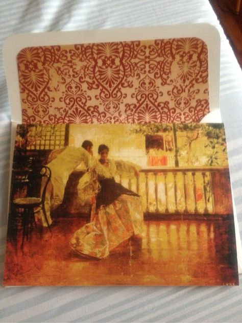 Cover is a copy of one Juan Luna's painting "Tampuhan" while inner flap of envelope bears the design of the bride's terno Wedding Filipiniana, Filipiniana Wedding Theme, Filipiniana Wedding, Filipino Style, Philippine Art, Wedding Theme, Couple Pictures, Mom And Dad, More Fun