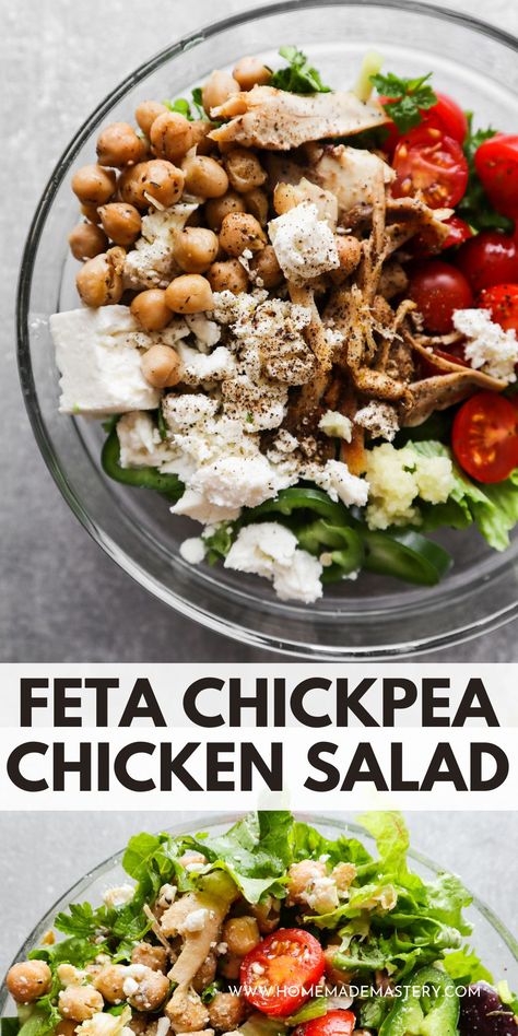 Feta Chicken Salad, Chickpea Feta, Garbanzo Salad, Chickpea Recipes Easy, Chicken Wraps Healthy, Mediterranean Chickpea, Idea For Summer, Chicken Chickpea, Greek Chicken Salad