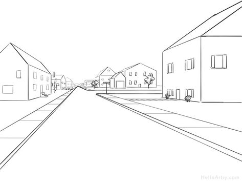 One Point Perspective Drawing: Step by Step Guide for Beginners Street One Point Perspective, Road Perspective, Drawing Road, One Point Perspective Room, Street Drawing, Perspective Room, Green Concept, 1 Point Perspective, Draw 3d