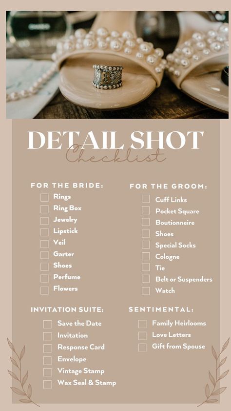 Photographer Day, Wedding Photography Shot List, Wedding Photography Detail Shots, Wedding Photo Checklist, Wedding Checklist Detailed, Wedding Photography List, Wedding Photo List, Photography List, Wedding Shot List