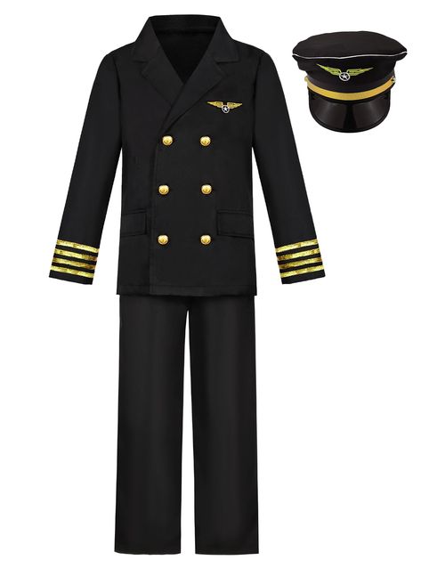 PRICES MAY VARY. Polyester Machine Wash 【What You’ll Receive】You’ll receive: 1*pilot jacket, 1*pilot trousers, 1* pilot hat, a full set of pilot uniform for kids airline captain dress up. 【To be a Cool Pilot】The black pilot jacket come with amazing details: sturdy buttons, two pockets on front and pilot insignia, each detail explain what a cool pilot captain you are! 【Durable & Washable】Made by polyester fabric, the pilot uniform is durable, it can be weared for times until kids grown up. Machin Pilot Uniform Airline, Uniform For Kids, Captain Costume, Pilot Costume, Pilot Hat, Pilot Uniform, Birthday Party Gifts, Kids Uniforms, Pilot Jacket