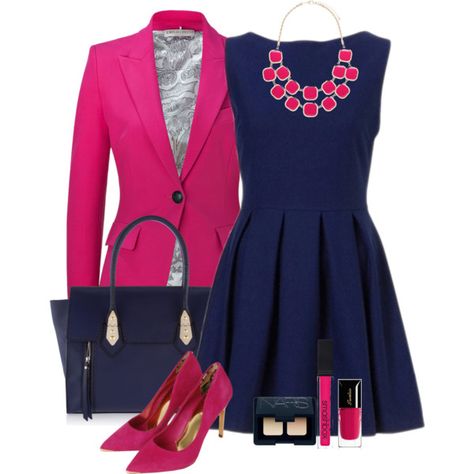 Fuchsia blazer + navy dress by yanina-kolyvanova on Polyvore featuring Emilio Pucci, Ted Baker, Henri Bendel, Forever New, NARS Cosmetics, Smashbox and Guerlain Matching Shoes, Stylish Blazer, Blazer Outfit, Smart Outfit, Blazer Outfits, Work Attire, Primavera Estate, Elegant Woman, Blue Dress