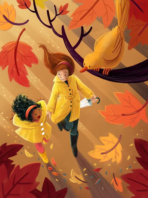 Mother And Daughter Illustration Art, Grateful Drawing, Fall Reference, Fall Leaves Illustration, Mother Illustration, Illustration Autumn, Fall Drawings, Autumn Illustration, Book Illustration Art