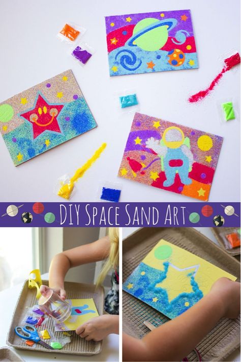 Kids will have galaxies of fun creating colorful space sand art! Explore more details from @designimprovised on our blog! Color Sand Art Projects, Sand Art Kids, Colored Sand Crafts, Sand Painting Art, Sand Art For Kids, Cloud Experiments, Colored Sand Art, Art Craft Kids, Sand Art Crafts