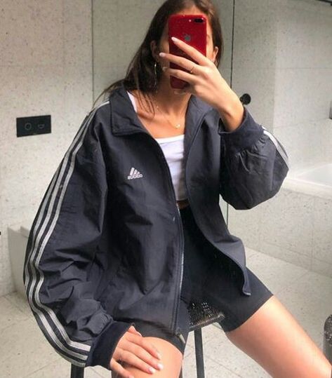 Adidas Windbreaker Outfit, Athletic Jacket Outfit, Adidas Track Jacket Outfit, Track Jacket Outfit, Oversized Jacket Outfit, Vintage Adidas Jacket, Windbreaker Outfit, Nike Track Jacket, Adidas Windbreaker