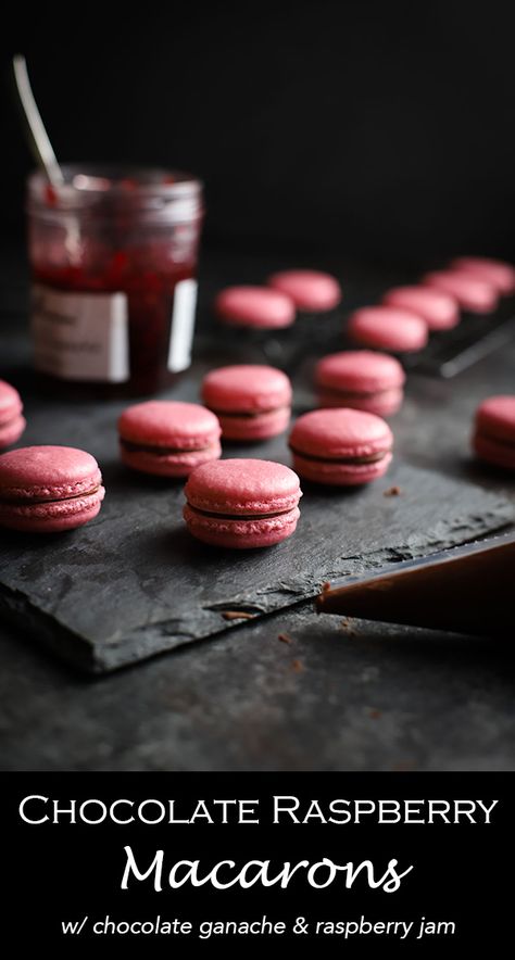 Chocolate Raspberry Macarons | wyldflour Chocolate Raspberry Macarons, Raspberry Macarons, French Macarons Recipe, French Macaron, French Recipes, Macaron Recipe, Treat Recipes, Scrumptious Desserts, Gel Food Coloring