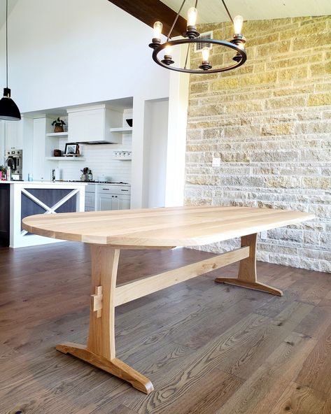 Custom Trestle Tables made in my central Texas based shop.  CHECK OUT MY INSTAGRAM -search- jantzenfurniture You can choose every detail of your custom hardwood table. Round, Oval, Rectangle, Ractrack shapes.  All handmade with mortise and tenon joinery.  Inquire for pricing on your custom designed and built hardwood table. Most frequently used hardwoods;  Oak, Black Walnut, Mahogany (Sapele), and Hard Maple Trestle Table Plans, White Oak Dining Table, Farmhouse Table With Bench, Diy Dining Room Table, Maple Tables, Wood Table Legs, Hardwood Table, Wood Table Design, Custom Dining Tables