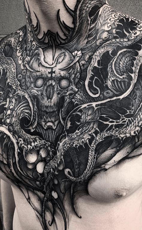 Scary Chest Tattoo, Occult Chest Tattoo, Goth Chest Tattoo Men, Demon Chest Tattoo, Front Chest Tattoo, Demon Back Tattoo, Gothic Chest Tattoo, Skull Chest Tattoo, Skull Dark Art