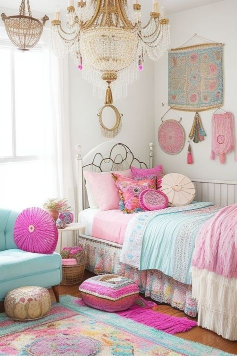 Vintage boho fusion bedroom with retro furniture, bohemian textiles, and statement chandelier. Boho Teenage Girl Bedrooms, Bedroom 70s, Bohemian Textiles, Twins Bedroom, Room Retro, Statement Chandelier, Teenage Girl Room, Chic Room, Makeover Bedroom