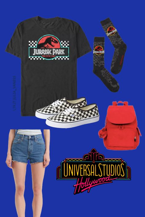 vans, cehckered vans, jurassic park shirt, jurassic park socks, red back pack, denim shorts, universal studios outfit Cute Outfits Universal Studios, Universal Bounding Outfits, Universal Bound Outfits, Cute Outfits For Universal Studios, Theme Park Outfits Universal, Jurassic Park Outfit, Outfits Theme Park, Universal Studios Outfit Ideas, Universal Studios Orlando Planning