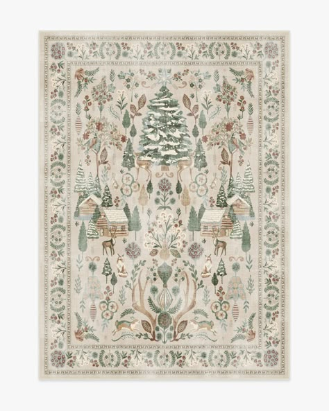 Step into a whimsical wonderland with our Juniper Neutral Multicolour Rug. This cottagecore-inspired tapestry design features pine trees, winter animals, log cabins, and pretty foliage. The warm neutral background is adorned with soft, vintage greens and reds, accented by pops of cream and gold. Water-resistant, stain-resistant, and machine-washable. Rug colours may vary slightly according to your device and the lighting in your space. Holiday Rugs, Ruggable Rug, Christmas Rugs, 9x12 Area Rugs, 9x12 Rug, Rug Stain, Neutral Rugs, Washable Area Rugs, Machine Washable Rugs