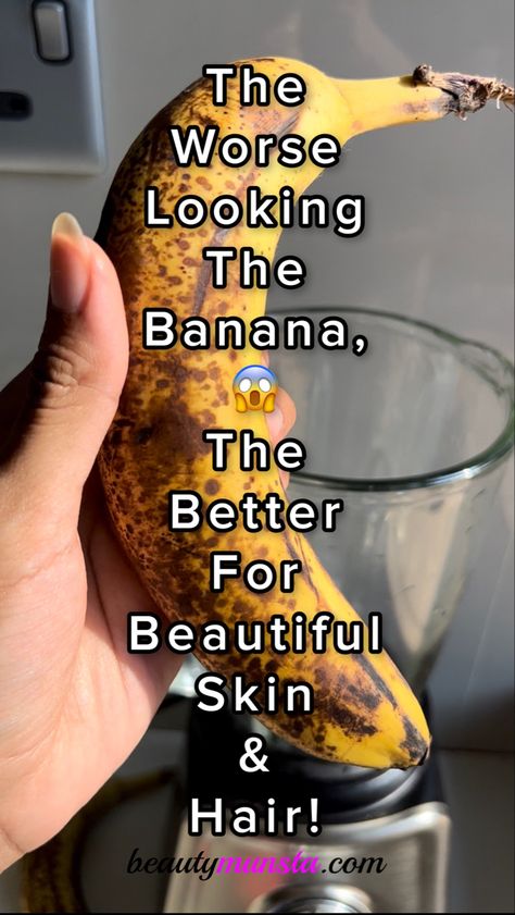 Banana is known as nature's botox, because when applied as a face mask, it leaves your skin visibly tighter and plumper! Read to the end to be surprised about the surprising beauty benefits of banana for skin & hair. Yes, the humble banana sitting in your fruit basket right now has many beautv benetits to Banana Beauty Tips, Banana Peel Skin Care, Banana Body Scrub, Benefits Of Banana Peel On Face, Banana Face Mask Diy Glowing Skin, Banana Benefits For Skin, Banana For Skin, Banana For Face, Banana Face Mask For Acne