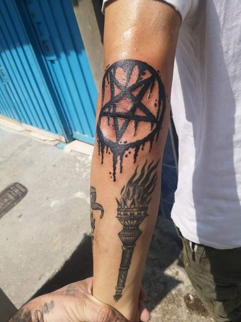 Pentagram Tattoo Ideas, Pentagram Elbow Tattoo, Pentagram Tattoo Satanic, Pentagram Tattoo Design, Metal Band Tattoos, 666 Tattoo Design, Gothic Hand Tattoo, Black Metal Tattoo, Pentacle Tattoo