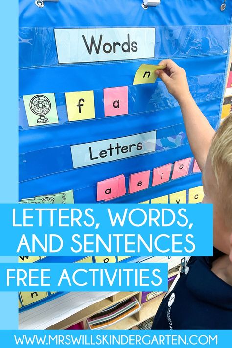 Check out this great way to teach letters, words, and sentences to young children! A free word building activity for whole-group engagement and free printables for independent practice, too! Letter Word Sentence Anchor Chart, Letters Words Sentences Anchor Chart, Sentence Building Kindergarten, Sentence Writing Activities, Kindergarten Parent, Word Building Activities, Teaching Lessons Plans, Sentence Activities, Math Centers Kindergarten