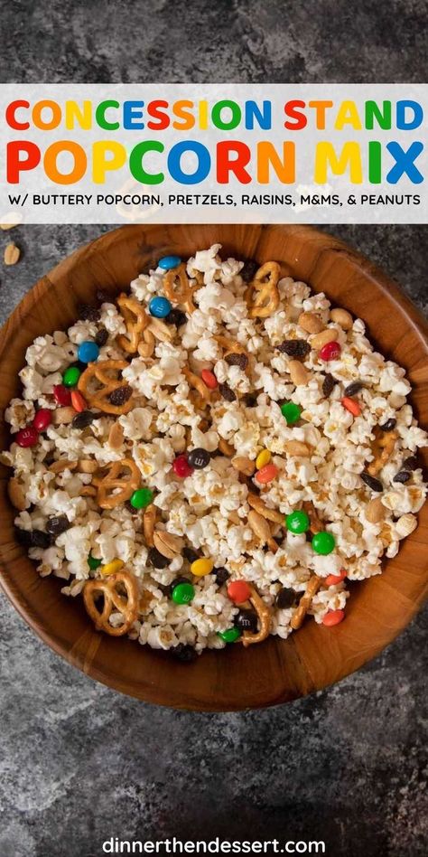 Healthy Concession Stand Food Ideas, Popcorn Mix Ins, Popcorn With Candy, Popcorn Snack Mix Recipes, Popcorn Mix Recipes, Concession Stand Food, Snack At Home, Buttery Popcorn, Party Mix Snacks