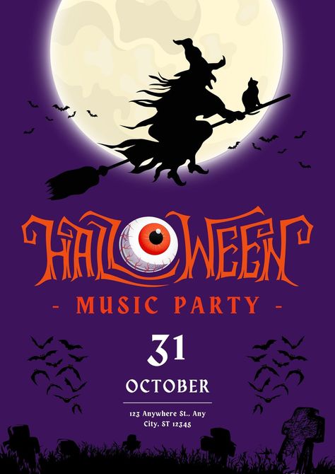 Dark Purple Illustrative Halloween Music Party Poster - Templates by Canva Music Party Poster, Music Party Invitations, Halloween Invitation Template, Halloween Music, Flyer And Poster Design, Halloween Party Diy, Halloween Party Themes, Music Party, Halloween Party Invitations