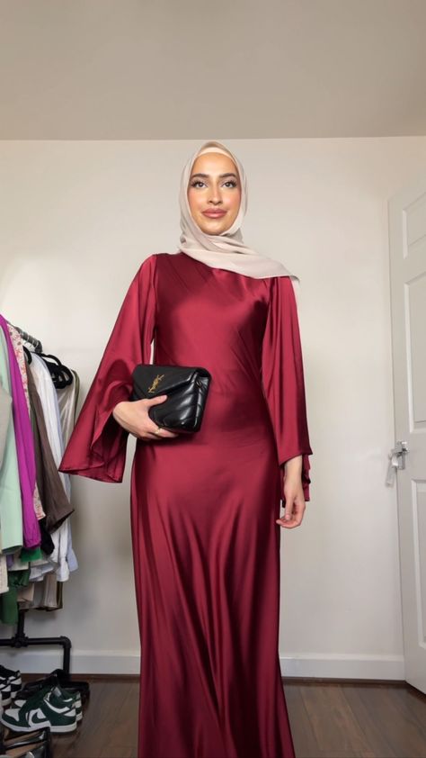 Simple Satin Dress Hijab, Satin Dress Hijab, Prom 2k24, Burgundy Satin Dress, Satin Silk Dress, Nikah Dress, Gown Ideas, Trendy Outfits Indian, Outfits Indian